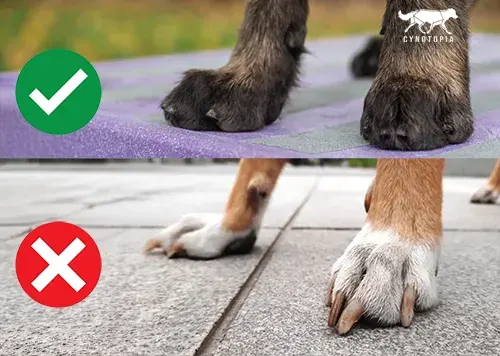 En haut, des griffes courtes bien entretenues. En bas, des griffes trop longues qui touchent le sol à l'arrêt et en mouvement.